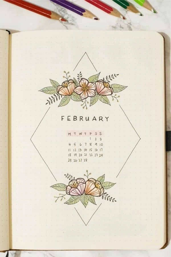 Tema para Bullet Journal - Capa de mês com flores e calendário - Autor desconhecido - Fonte Pinterest